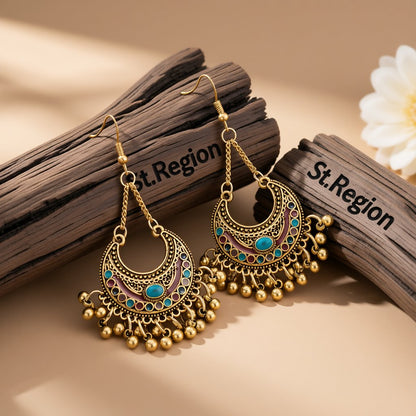 Colored Enamel and 18K Gold-Plated Ball-Detail Crescent Moon Drop Earrings, gold drop earrings for women, front view