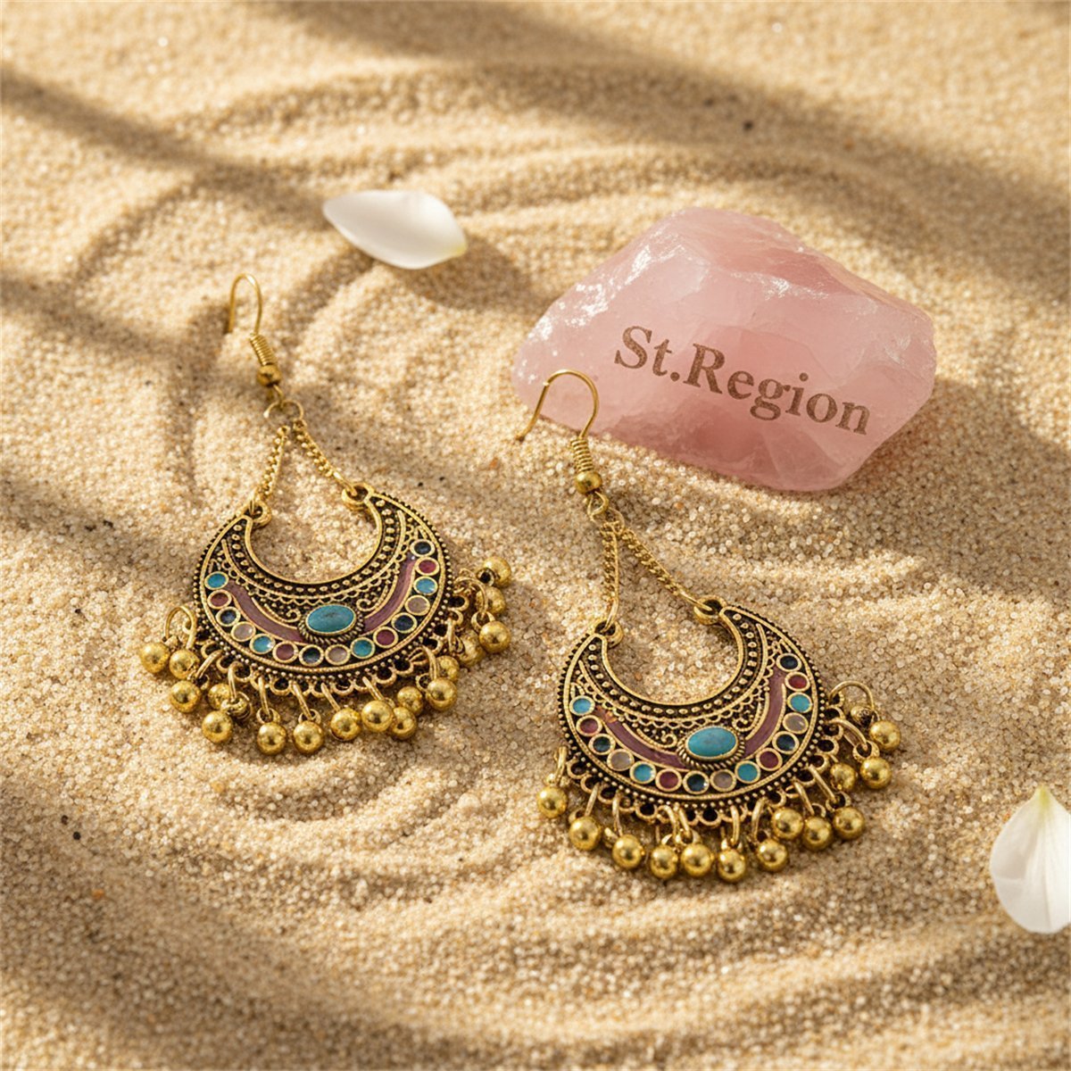 Colored Enamel and 18K Gold-Plated Ball-Detail Crescent Moon Drop Earrings, gold drop earrings for women, detail close-up