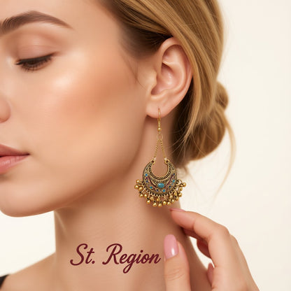 Colored Enamel and 18K Gold-Plated Ball-Detail Crescent Moon Drop Earrings, gold drop earrings for women, styled look