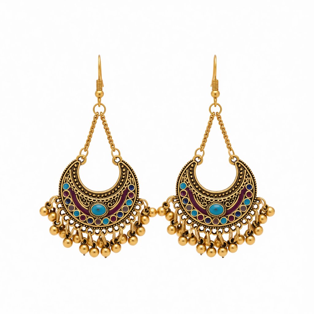 Colored Enamel and 18K Gold-Plated Ball-Detail Crescent Moon Drop Earrings, gold drop earrings for women, side view