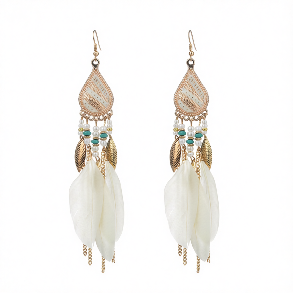 Beige Feather & 18K Gold-Plated Feather Drop Earrings