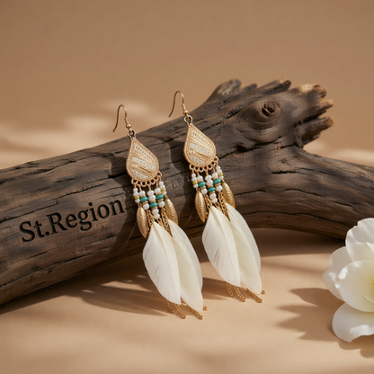 Beige Feather & 18K Gold-Plated Feather Drop Earrings
