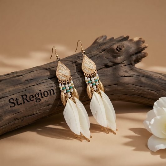 Beige Feather & 18K Gold-Plated Feather Drop Earrings