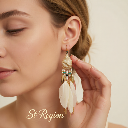 Beige Feather & 18K Gold-Plated Feather Drop Earrings
