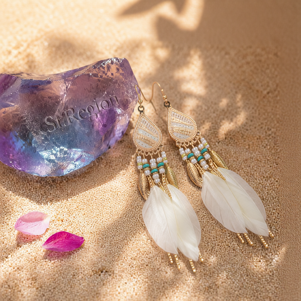 Beige Feather & 18K Gold-Plated Feather Drop Earrings