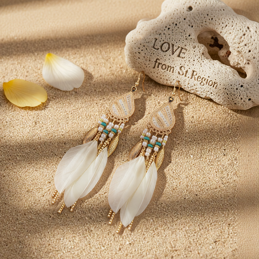 Beige Feather & 18K Gold-Plated Feather Drop Earrings
