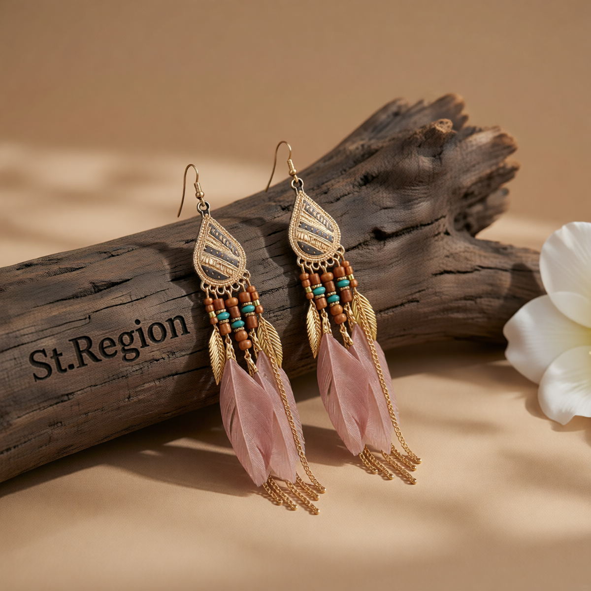 Coffee Feather & 18K Gold-Plated Feather Drop Earrings