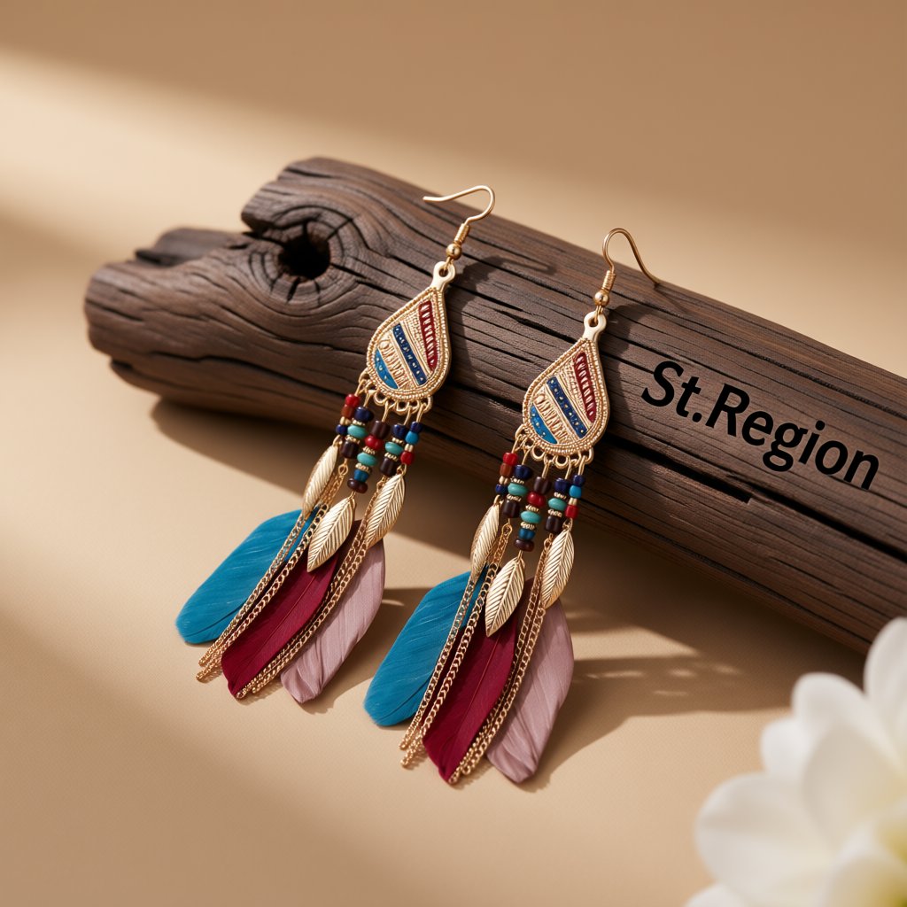 Multicolored Feather and 18K Gold-Plated Feather Drop Earrings, gold drop earrings for women, front view