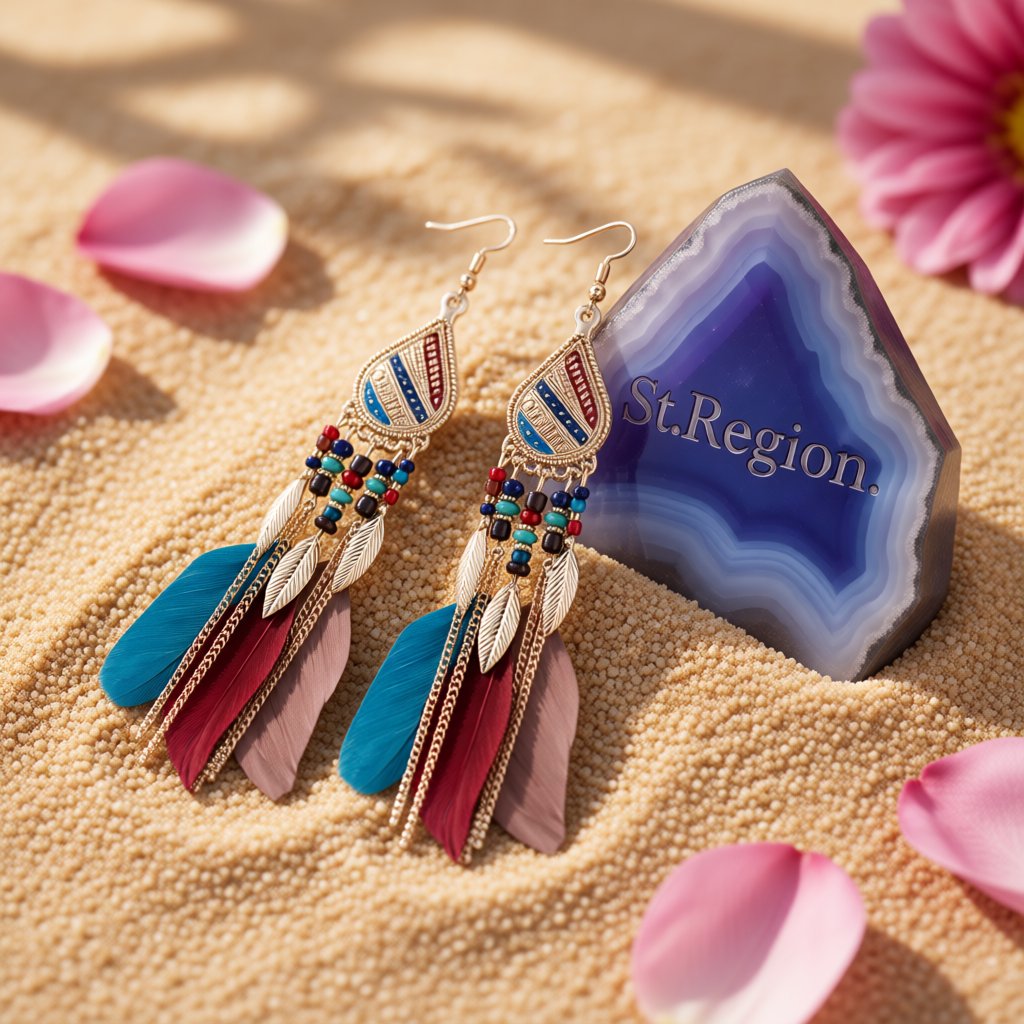 Multicolored Feather and 18K Gold-Plated Feather Drop Earrings, gold drop earrings for women, detail close-up