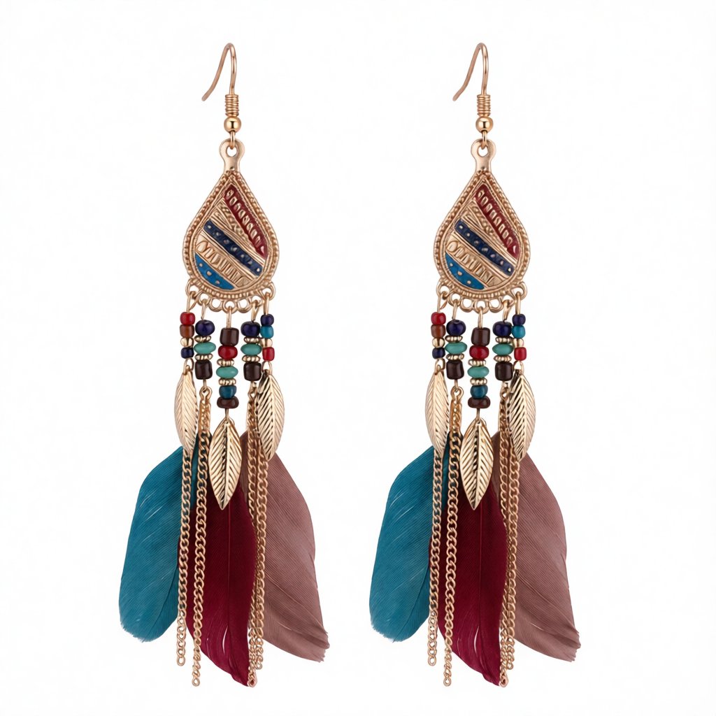 Multicolored Feather and 18K Gold-Plated Feather Drop Earrings, gold drop earrings for women, elegant gift for her, side view