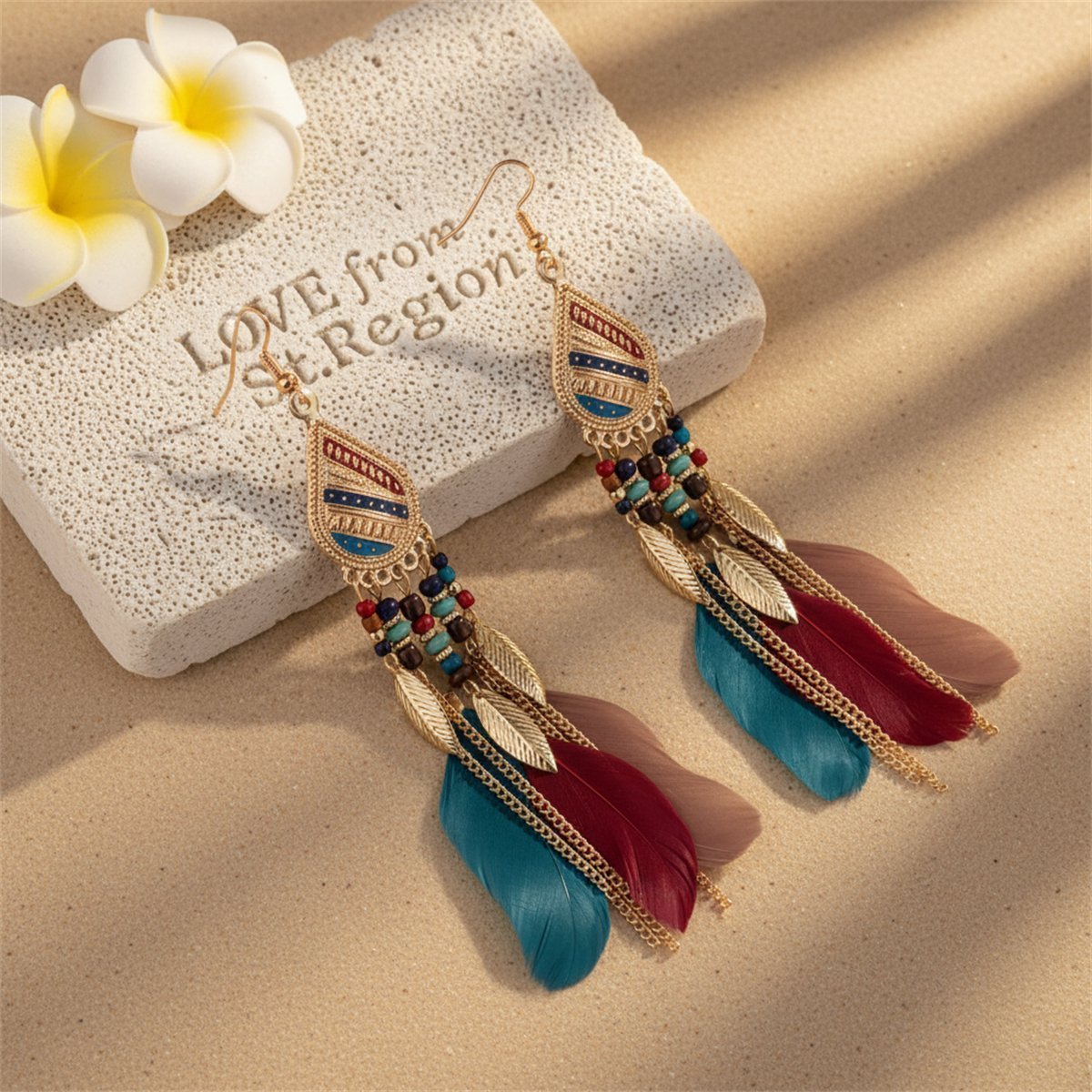 Multicolored Feather and 18K Gold-Plated Feather Drop Earrings, gold drop earrings for women, lifestyle look