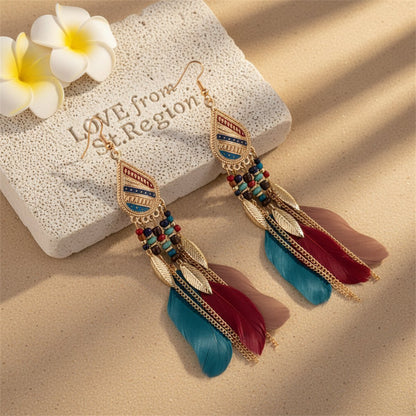 Multicolored Feather and 18K Gold-Plated Feather Drop Earrings, gold drop earrings for women, lifestyle look