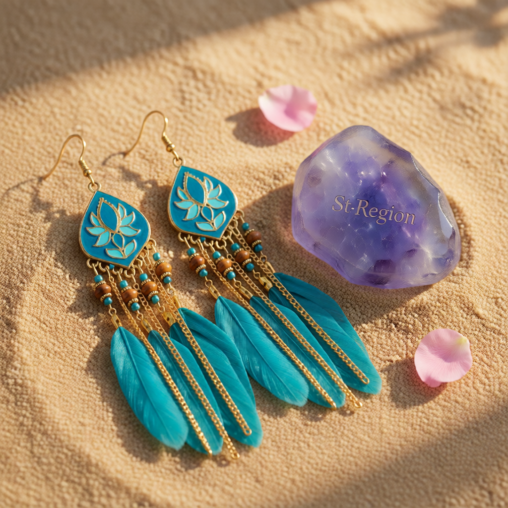 Blue Feather & Resin Drop Earrings