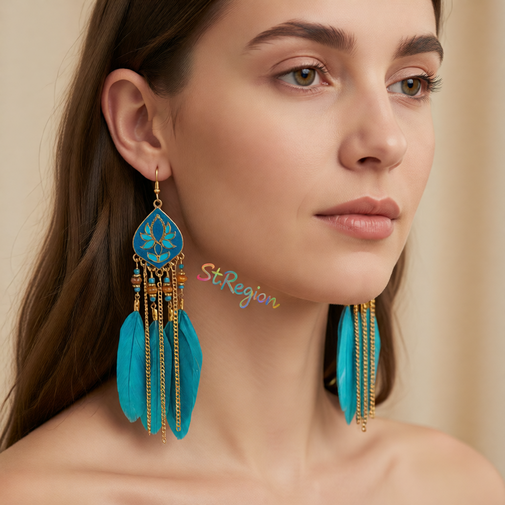 Blue Feather & Resin Drop Earrings