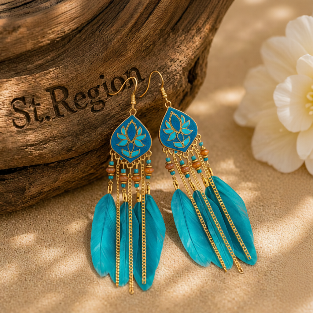 Blue Feather & Resin Drop Earrings