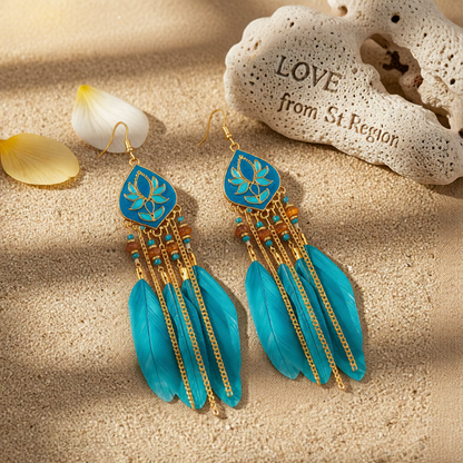 Blue Feather & Resin Drop Earrings