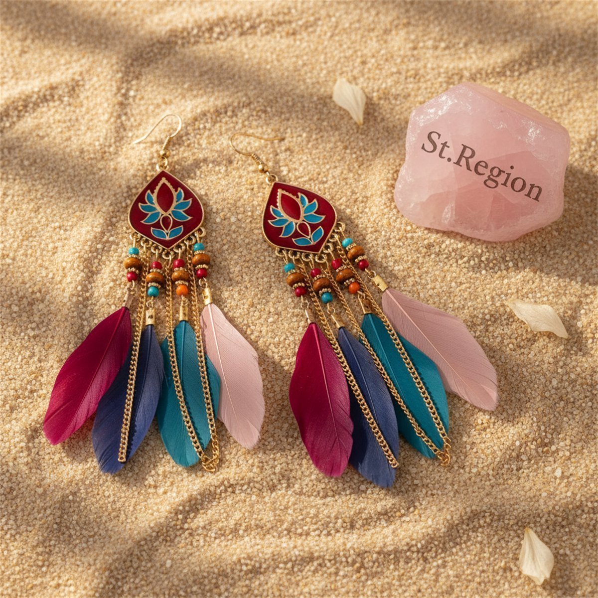 Pink and Red Feather and Resin Drop Earrings, drop earrings for women, dainty minimalist design, detail close-up