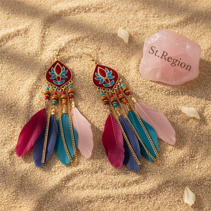 Pink and Red Feather and Resin Drop Earrings, drop earrings for women, dainty minimalist design, detail close-up