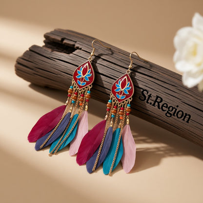 Pink and Red Feather and Resin Drop Earrings, drop earrings for women, dainty minimalist design, front view