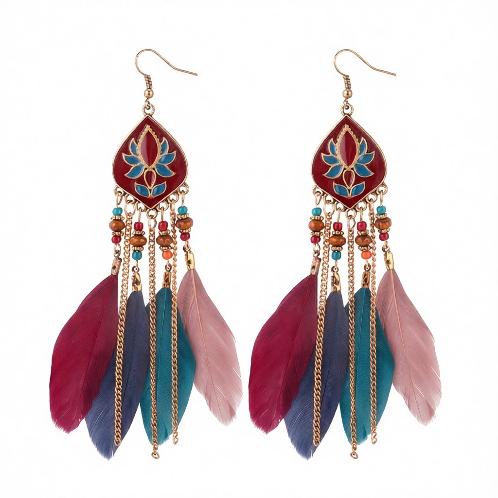 Pink and Red Feather and Resin Drop Earrings, drop earrings for women, dainty minimalist design, side view