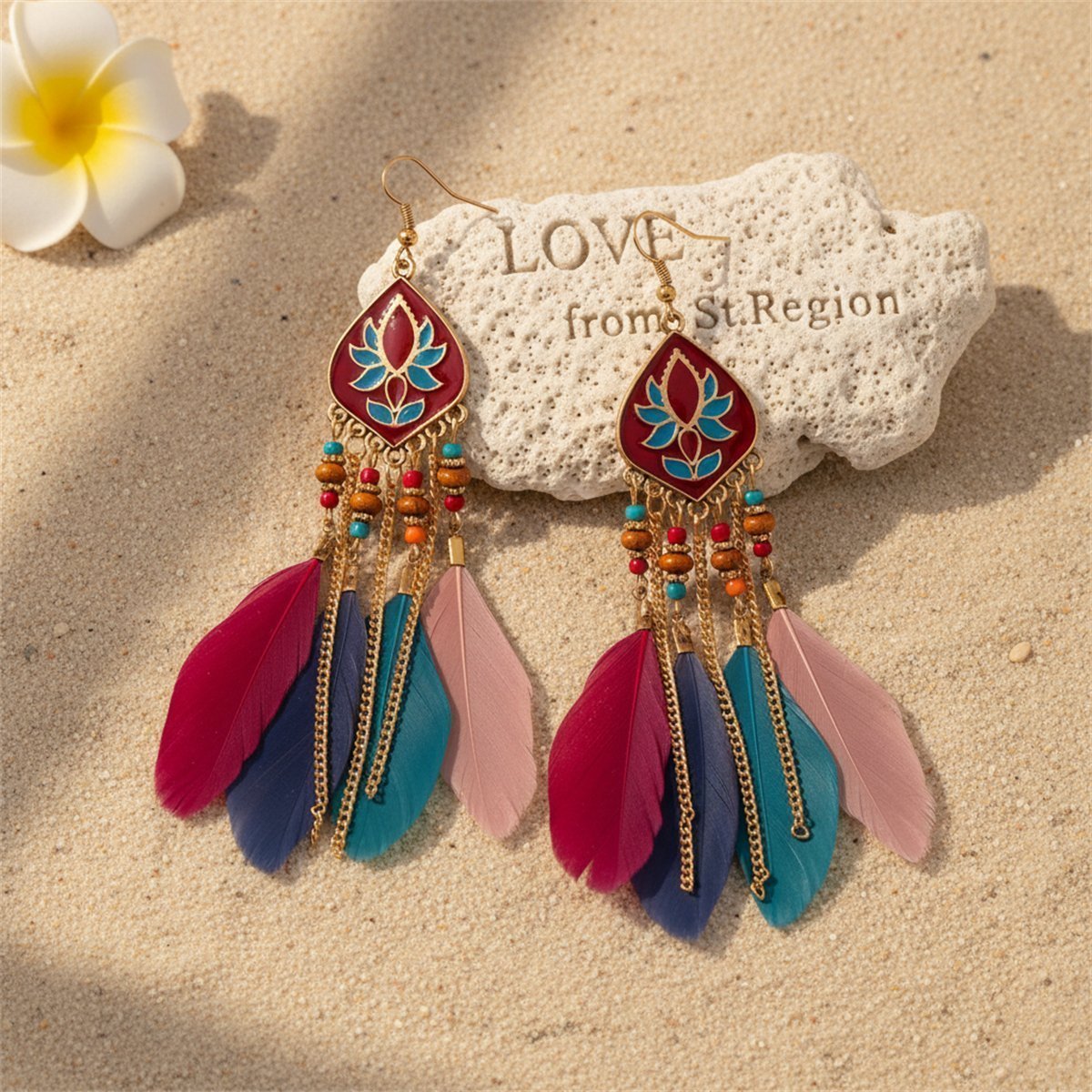 Pink and Red Feather and Resin Drop Earrings, drop earrings for women, dainty minimalist design, lifestyle look