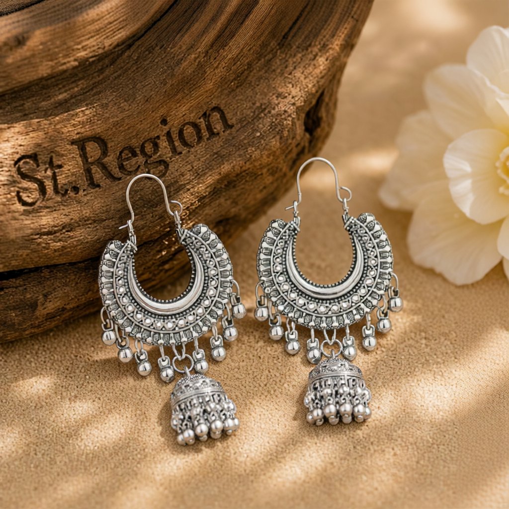 Silver-Plated Bell Tassel Drop Earrings, silver huggie earrings, botanical inspired, front view