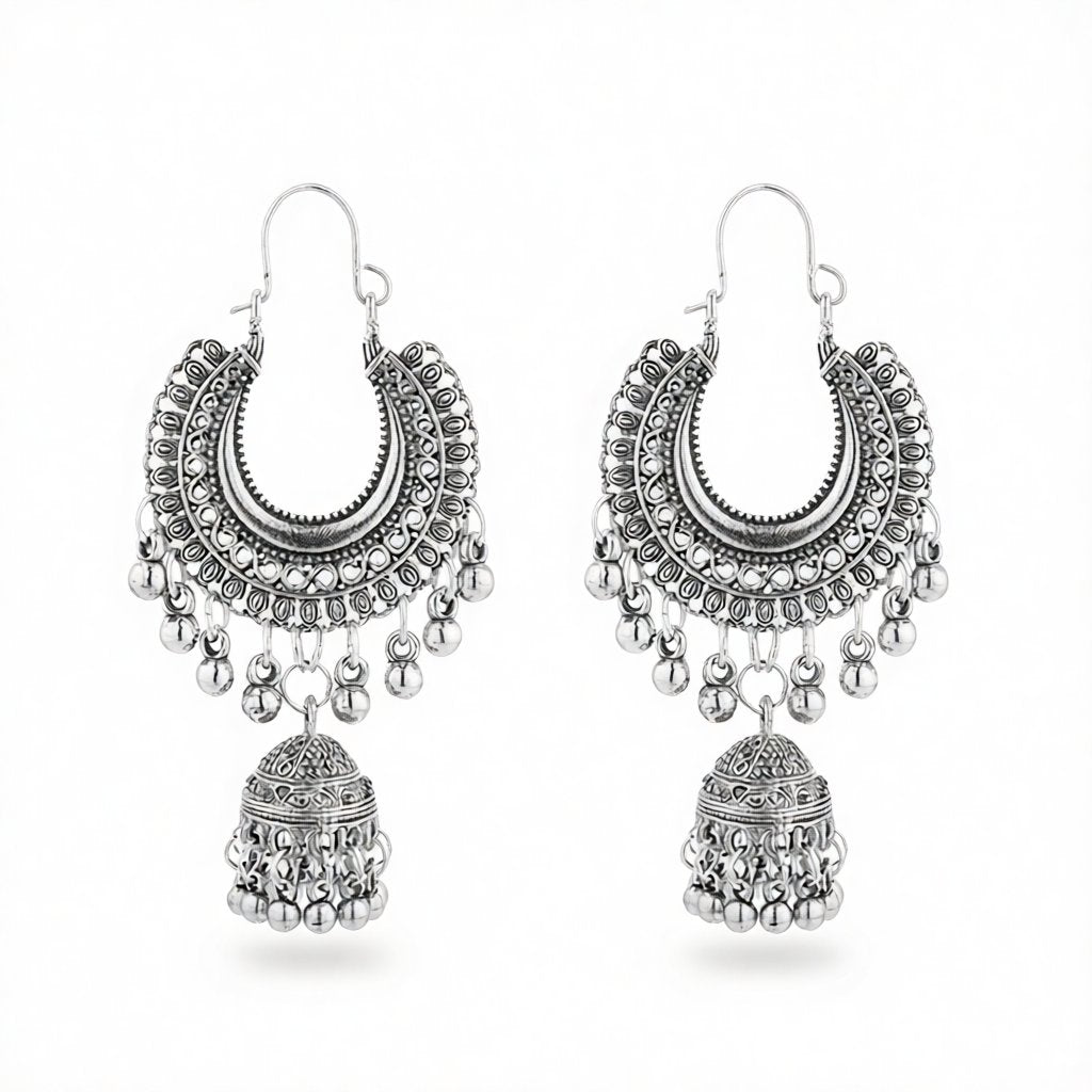 Silver-Plated Bell Tassel Drop Earrings, silver huggie earrings, botanical inspired, side view