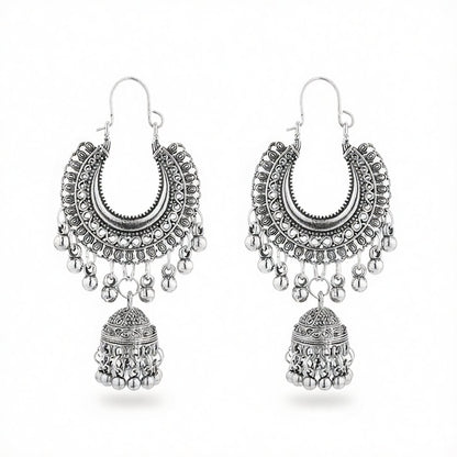 Silver-Plated Bell Tassel Drop Earrings, silver huggie earrings, botanical inspired, side view