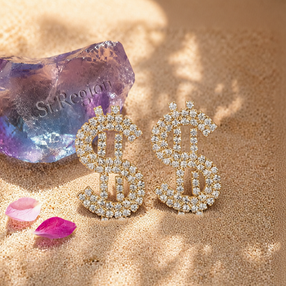 Cubic Zirconia & 18K Gold-Plated Dollar Sign Drop Earrings