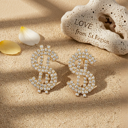Cubic Zirconia & 18K Gold-Plated Dollar Sign Drop Earrings