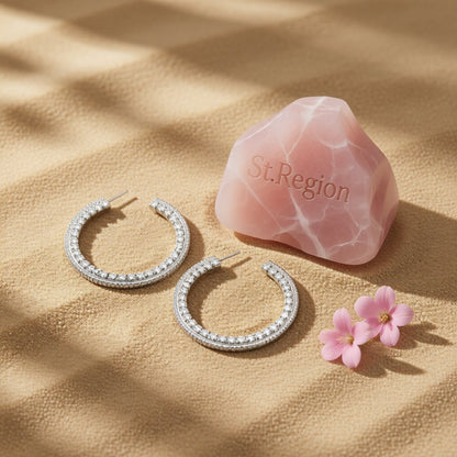 Cubic Zirconia and Silver-Plated Hoop Earrings, silver hoop earrings for women, elegant gift for her, detail close-up