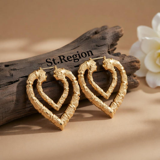 18K Gold-Plated Bamboo Layered Heart Hoop Earrings