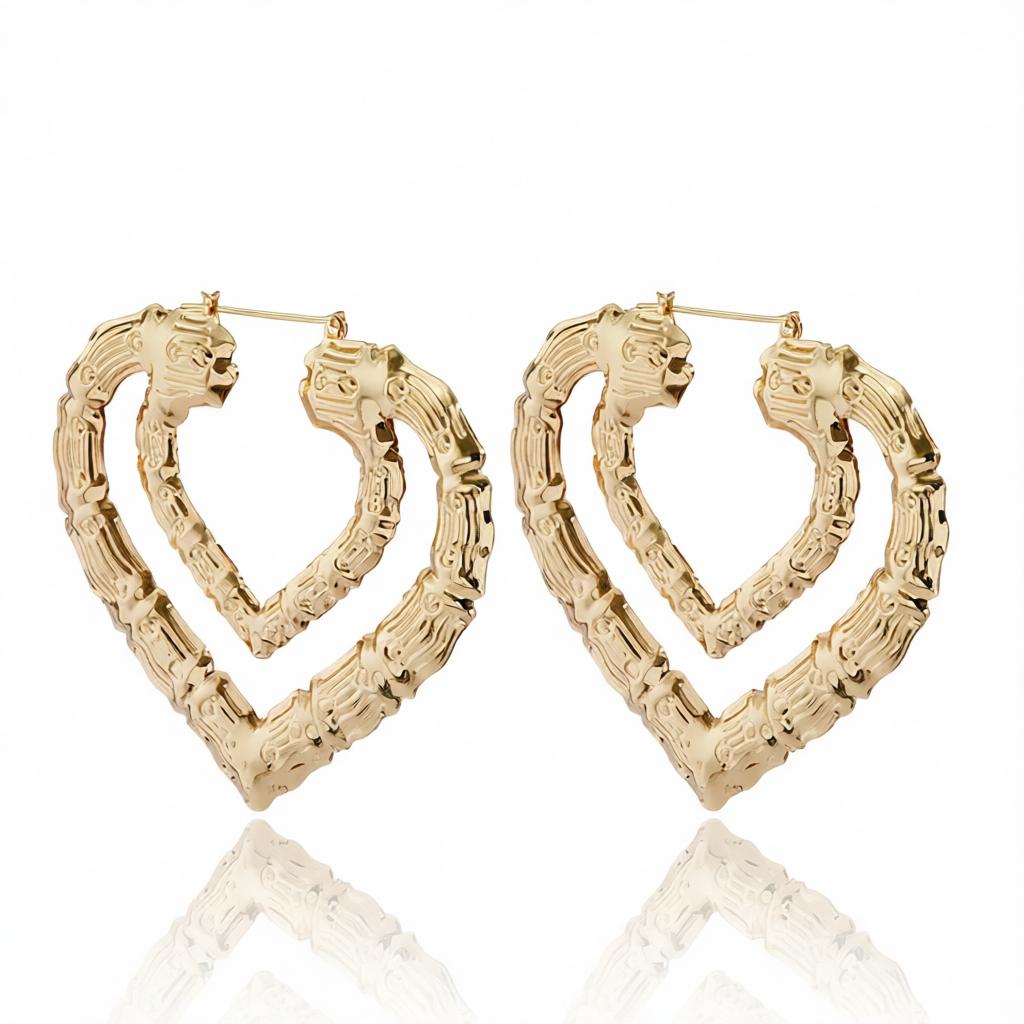 18K Gold-Plated Bamboo Layered Heart Hoop Earrings, gold hoop earrings for women, everyday style, side view