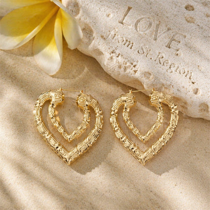 18K Gold-Plated Bamboo Layered Heart Hoop Earrings