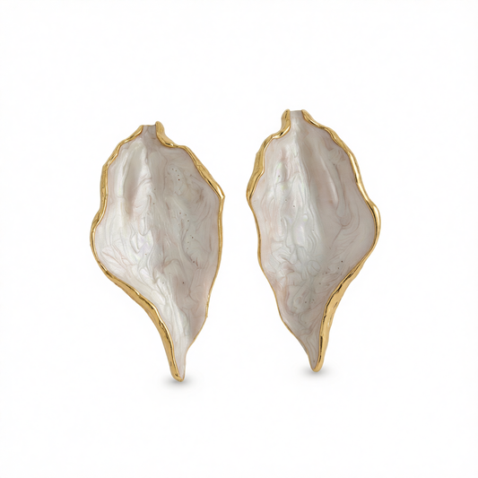 White Enamel & Goldtone Lotus Leaf Stud Earrings