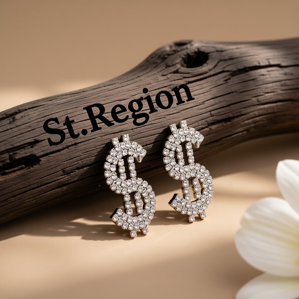 Cubic Zirconia and Silver-Plated Dollar Sign Drop Earrings, silver stud earrings for women, everyday style, front view