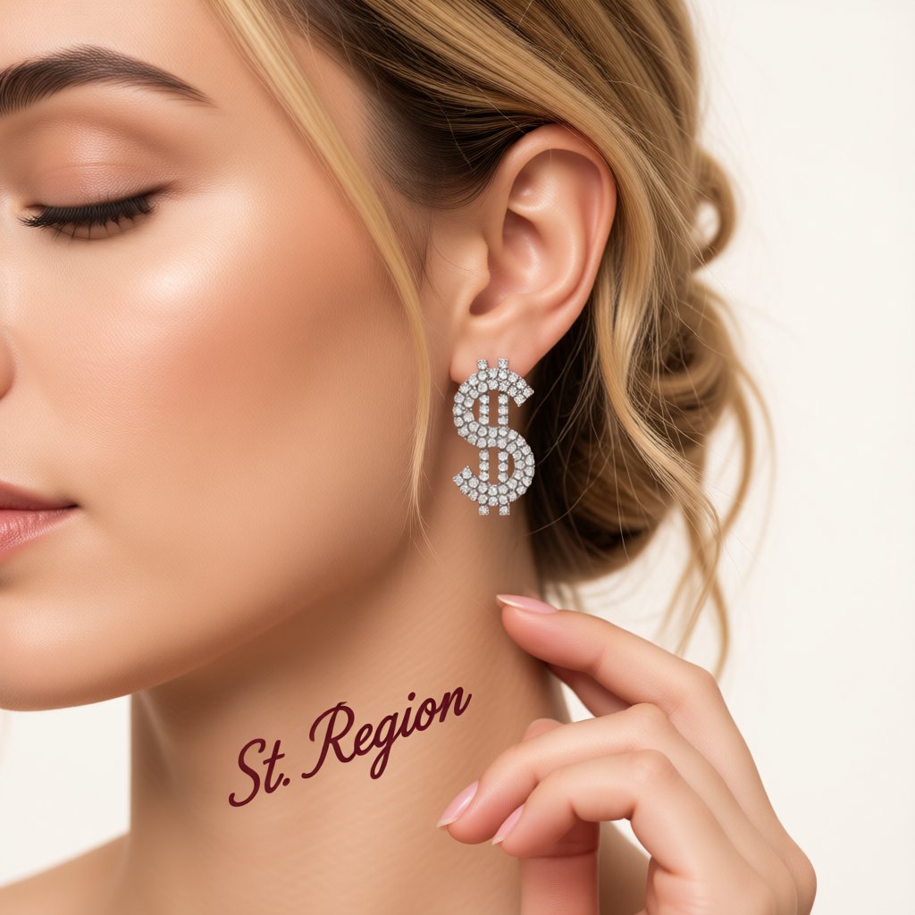 Cubic Zirconia and Silver-Plated Dollar Sign Drop Earrings, silver stud earrings for women, everyday style, styled look