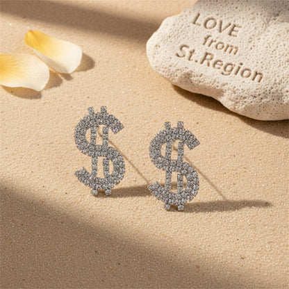 Cubic Zirconia and Silver-Plated Dollar Sign Drop Earrings, silver stud earrings for women, everyday style, lifestyle look