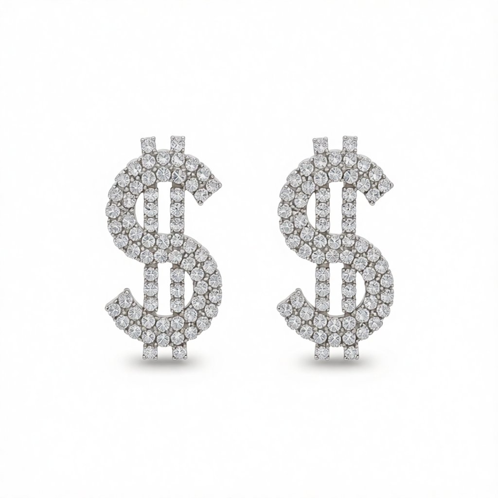 Cubic Zirconia and Silver-Plated Dollar Sign Drop Earrings, silver stud earrings for women, everyday style, side view