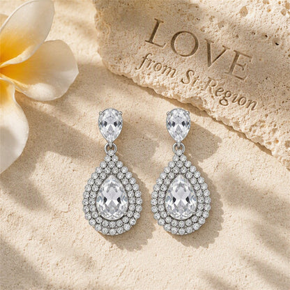 Cubic Zirconia and Crystal Halo Teardrop Earrings, drop earrings for women, everyday style, lifestyle look