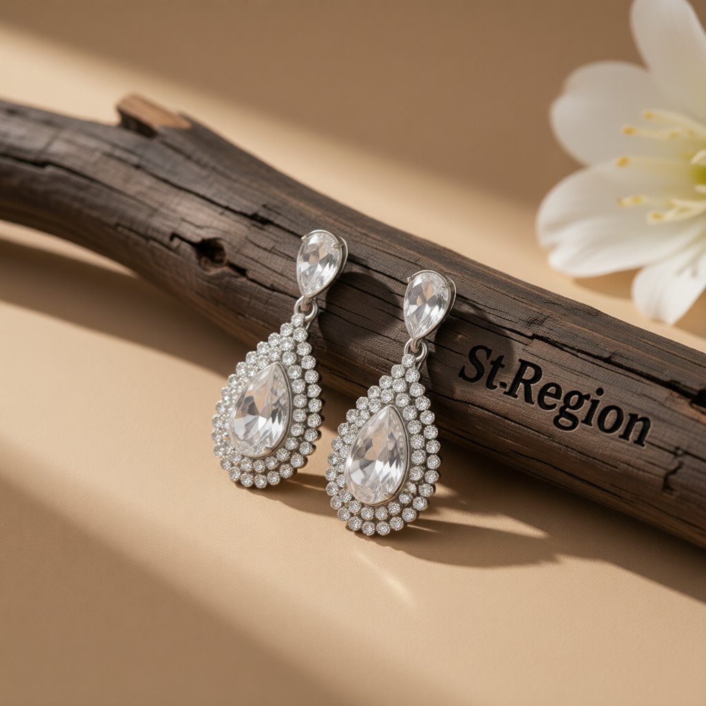 Cubic Zirconia and Crystal Halo Teardrop Earrings, drop earrings for women, everyday style, front view