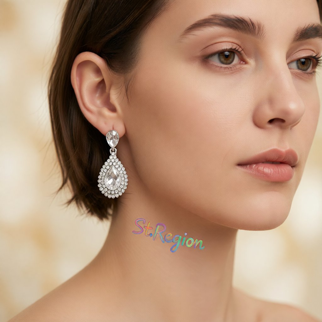 Cubic Zirconia and Crystal Halo Teardrop Earrings, drop earrings for women, everyday style, styled look