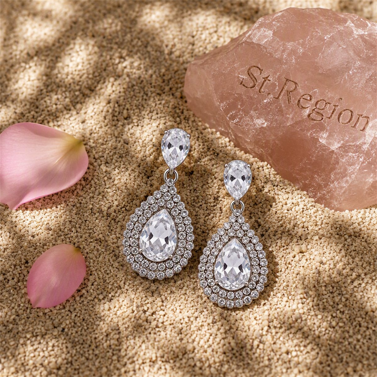 Cubic Zirconia and Crystal Halo Teardrop Earrings, drop earrings for women, everyday style, detail close-up