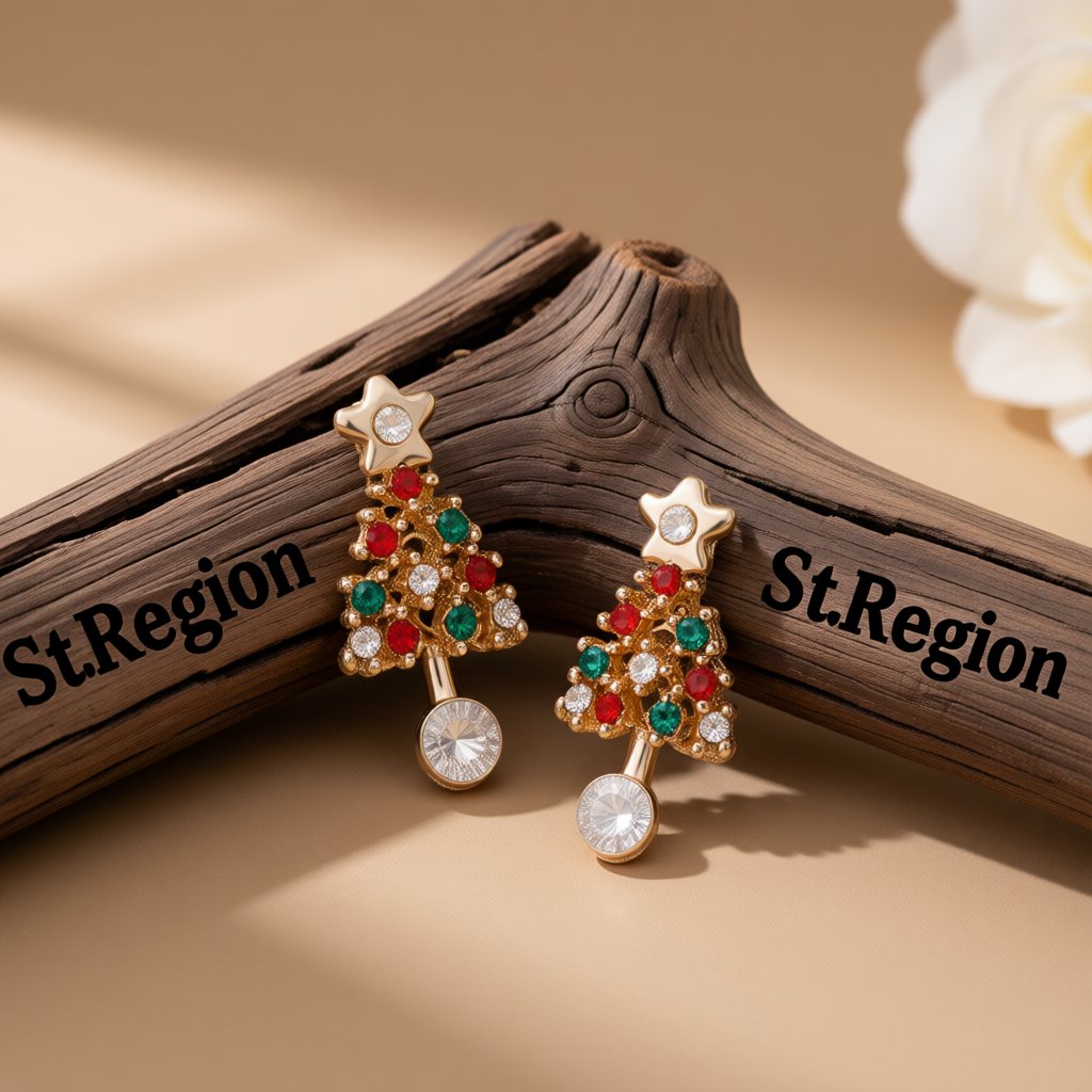 Cubic Zirconia and 18K Gold-Plated Christmas Tree Dangle Drop Earring, gold drop earrings for women, front view