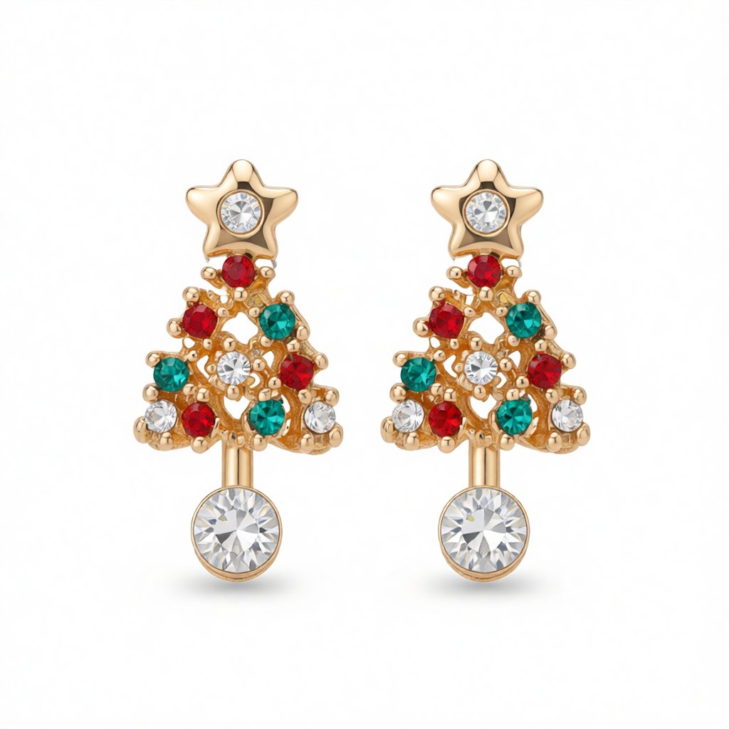 Cubic Zirconia and 18K Gold-Plated Christmas Tree Dangle Drop Earring, gold drop earrings for women, side view