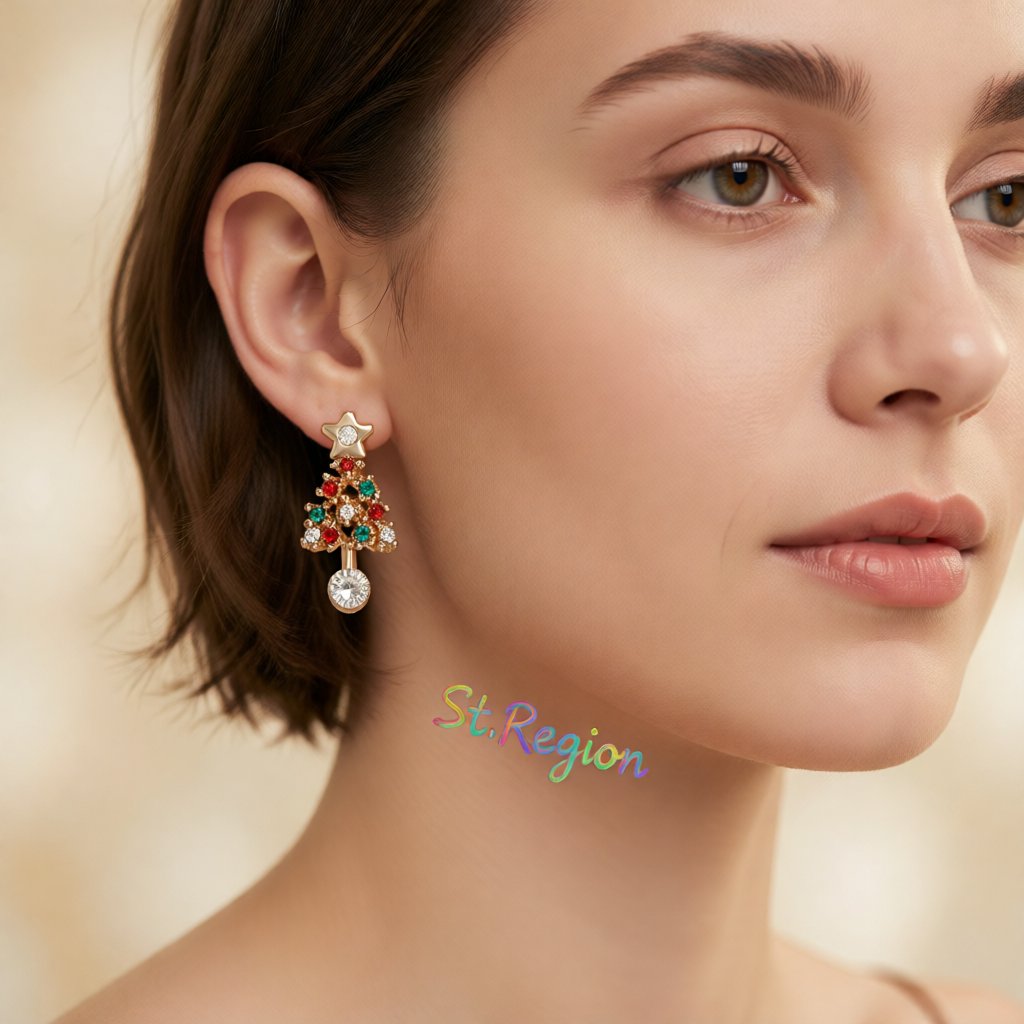 Cubic Zirconia and 18K Gold-Plated Christmas Tree Dangle Drop Earring, gold drop earrings for women, styled look