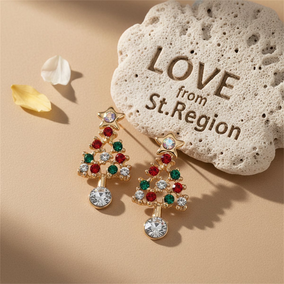 Cubic Zirconia and 18K Gold-Plated Christmas Tree Dangle Drop Earring, gold drop earrings for women, lifestyle look