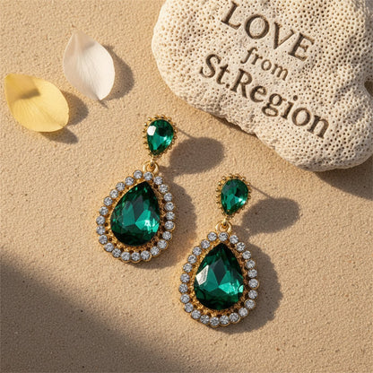 Green Crystal and Cubic Zirconia 18K Gold-Plated Drop Earrings, gold drop earrings for women, lifestyle look