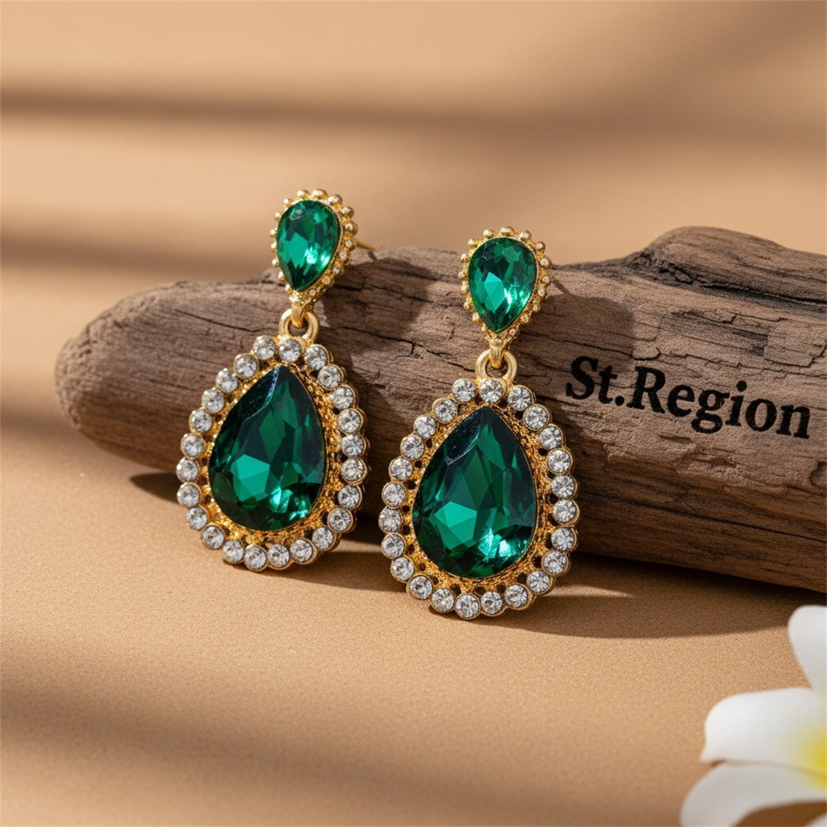 Green Crystal and Cubic Zirconia 18K Gold-Plated Drop Earrings, gold drop earrings for women, front view