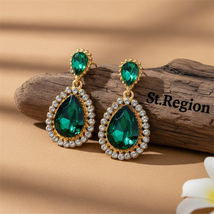 Green Crystal and Cubic Zirconia 18K Gold-Plated Drop Earrings, gold drop earrings for women, front view
